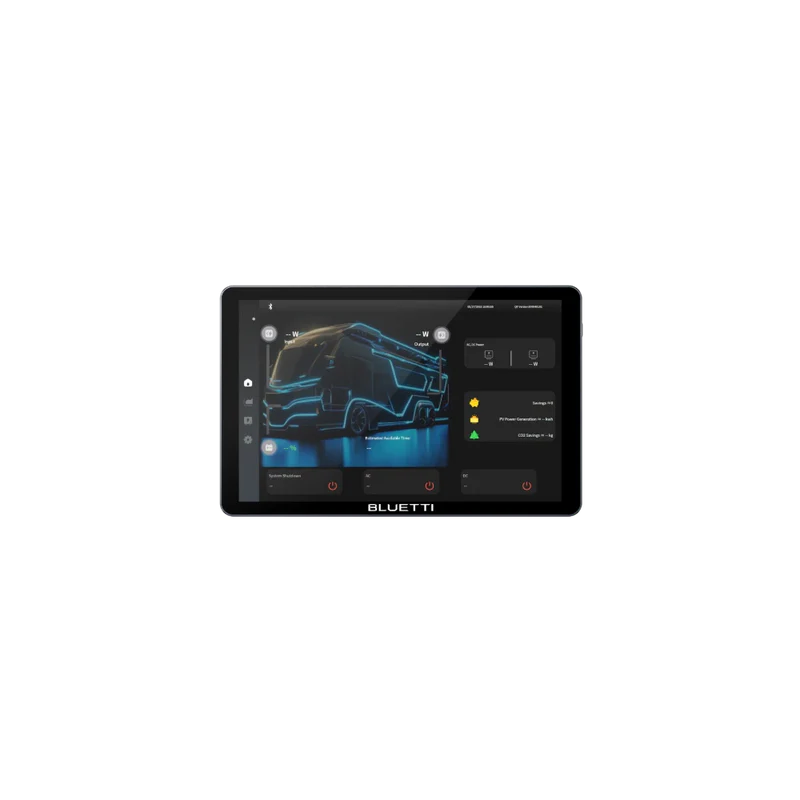 Tablet with BLUETTI app interface on a white background