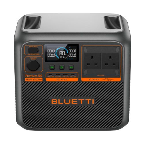 Bluetti power station with digital display and multiple outlets on a white background