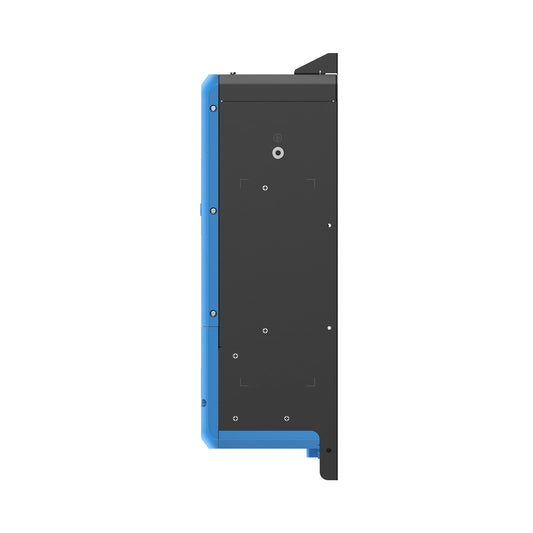Black electronic component with blue accents on a white background