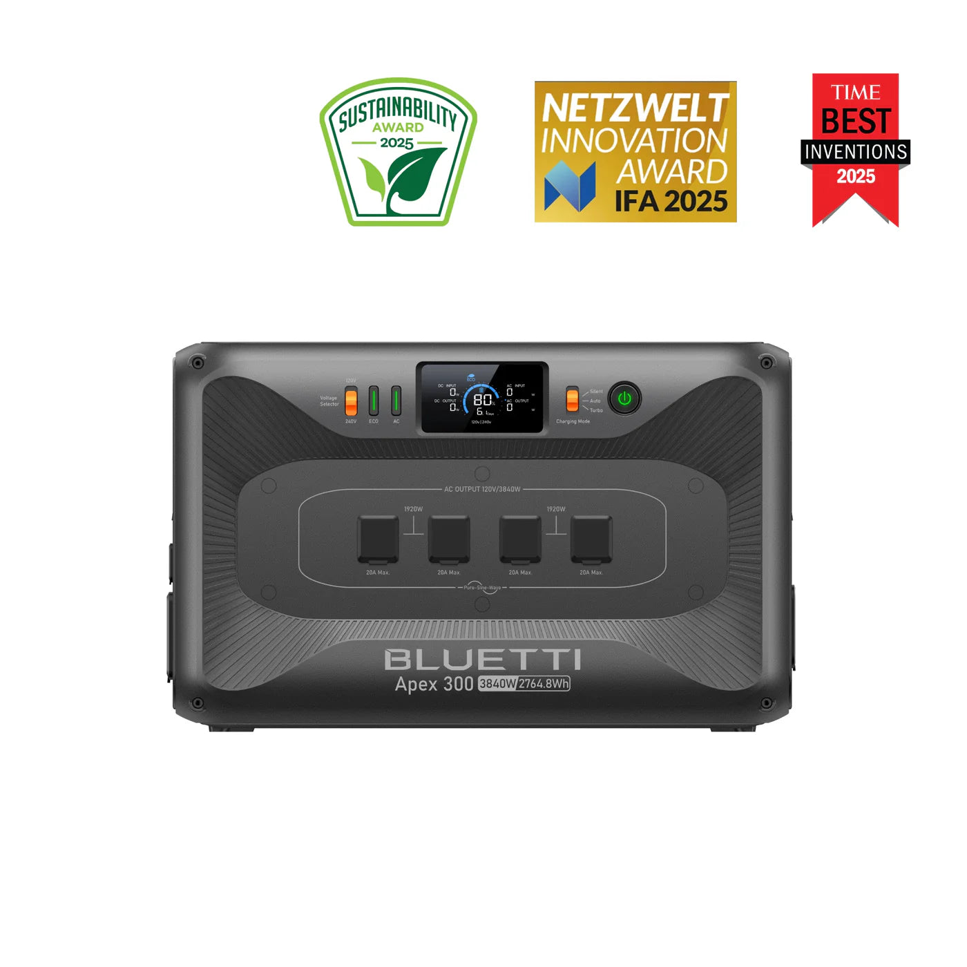 Bluetti power station with sustainability, innovation, and best invention awards on a white background