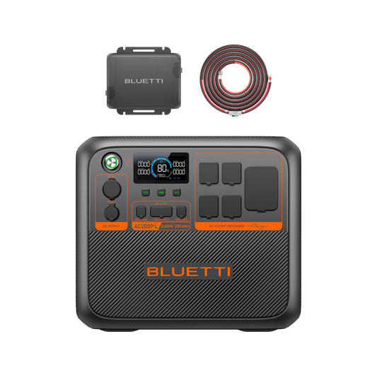 Bluetti power station with accessories on a white background