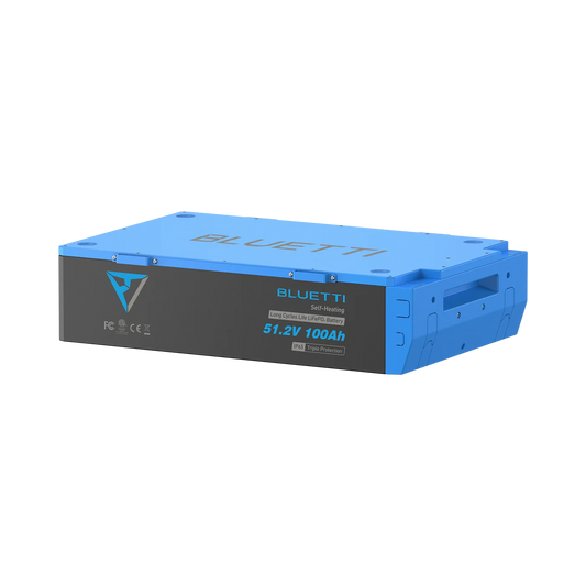 Blue energy storage system with 'Bluetti' branding on a white background