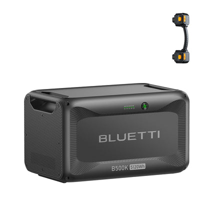 Bluetti power station with a small device on top on a white background