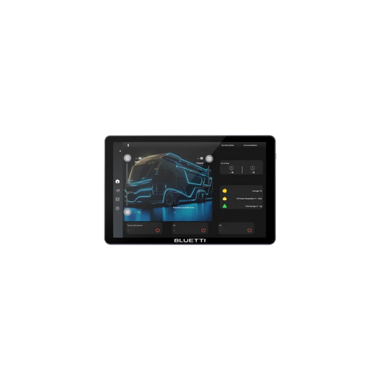 Tablet with BLUETTI app interface on a white background